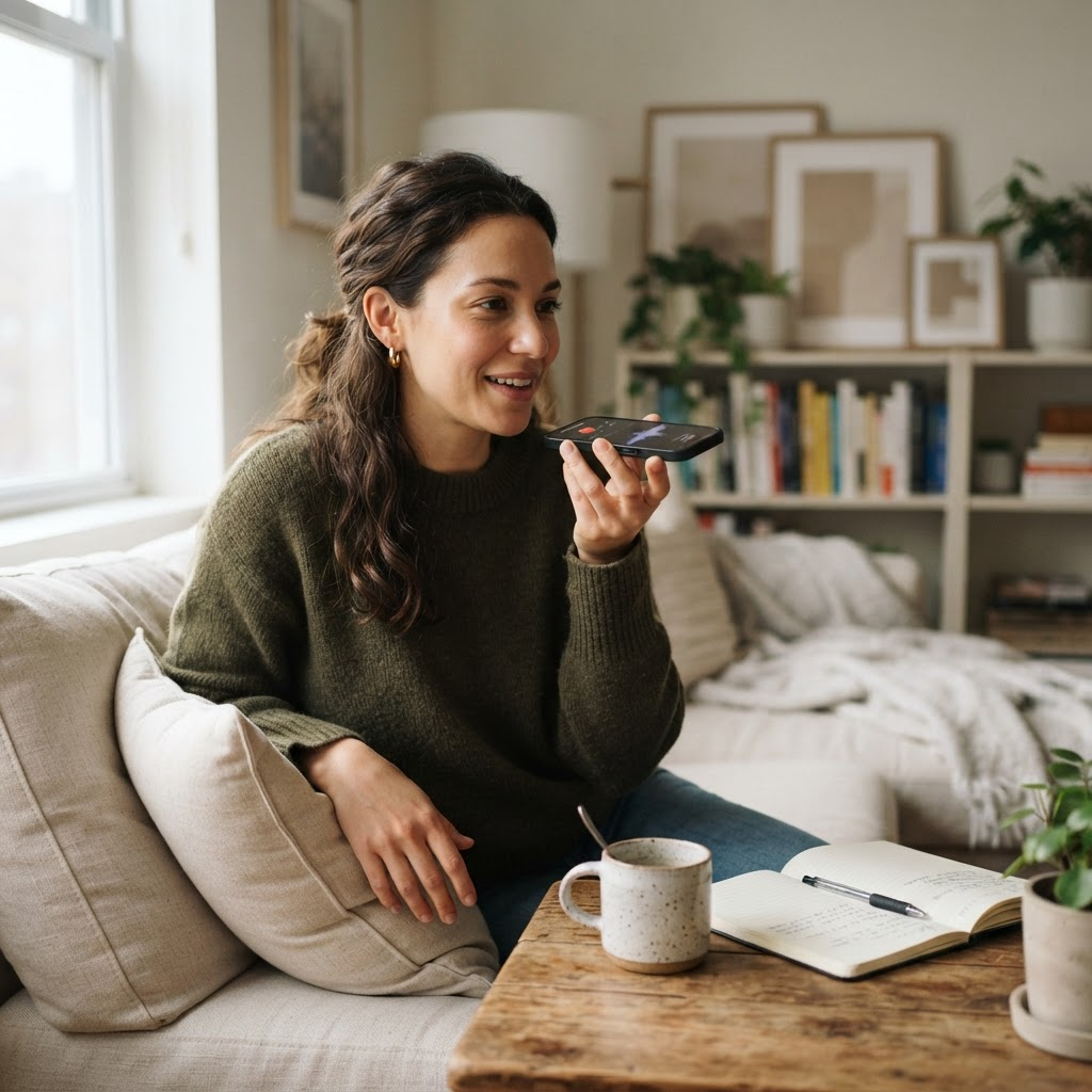 A woman recording a voice note on her phone at home